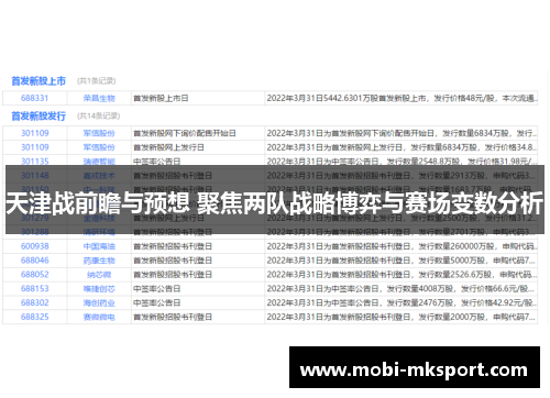 天津战前瞻与预想 聚焦两队战略博弈与赛场变数分析